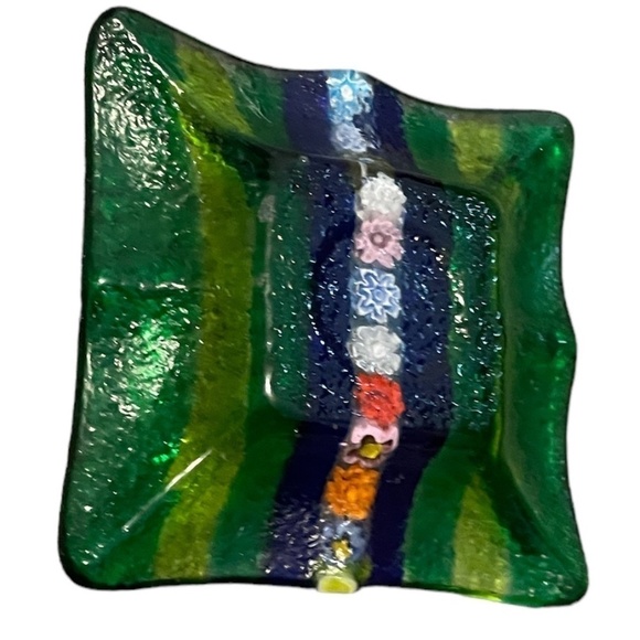 Miniature Fused Art Glass Trinket Dish 3 1/2" green Millefiori - Picture 4 of 7